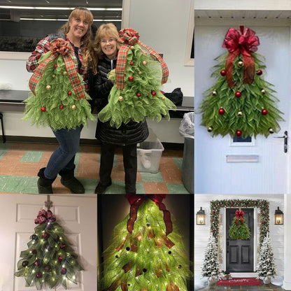 🎁🎄Inverted Christmas Tree Wreath with LED Lights – Handmade Holiday Door & Window Decoration, Unique Lighted Xmas Decor